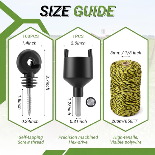 Tudomro 102 Electric Fence Wire Kit 100 Electric Fence Insulators 1 Roll of 3mm 656ft Stainless Steel Polywire 1 Insulator Socket Tool for Reliable Conductivity & Rust Resistance