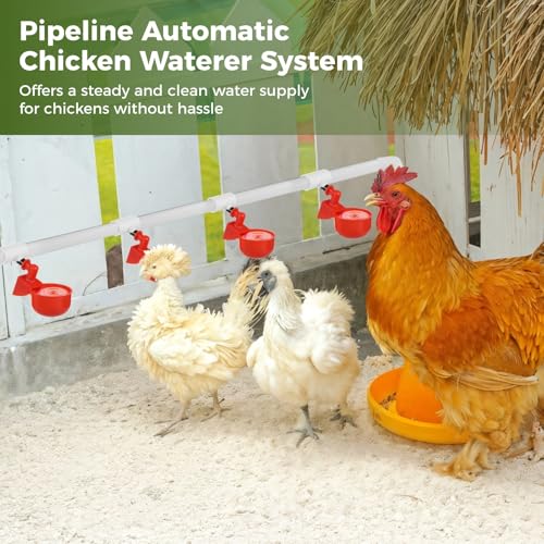 Pipeline Automatic Chicken Waterer System (45 Accessories Included) | Complete PVC Pipelines Set with 8 Deep Drinking Cups, T Connectors, Float Valve, Auto Pipe Feeder Poultry Watering Kit