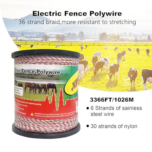 Fence Rope,Upgraded Electric Fence Polywire,6 Stainless Steel Strands for Reliable Conductivity and Rust Resistance UV Resistant,3366 Feet/1026 Meters,Red and White Color - size: 3366Feet
