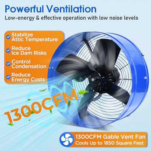15" Attic Exhaust Fan with Thermostat - 1300CFM Gable Vent Fan with Thermostat Covers 1850 Sq.ft, Plug-and-Play Gable Attic Fans with 20FT Power Cord & 60Hz Motor Low Noise for Home Garage Shed - size: 1300CFM