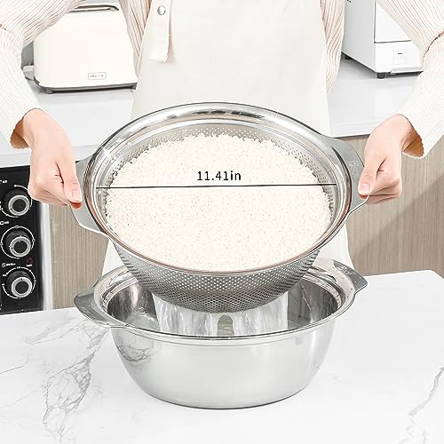 Paoli 304 Stainless Steel Fine Mesh Colander Set, 5QT Large Capacity Strainer with Mixing Bowl — Rinse Fruits, Veggies, Rice & Drain Pasta, Dishwasher Safe (2-Piece) - color: Primary color with handle, size: 5qt