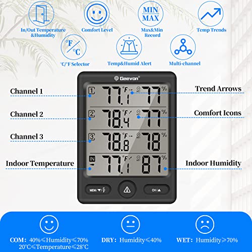 Geevon Indoor Outdoor Thermometer Wireless with 3 Remote Sensors, Digital Hygrometer Thermometer, Wireless Temperature Humidity Monitor Gauge with 200FT/60M Range - color: Black