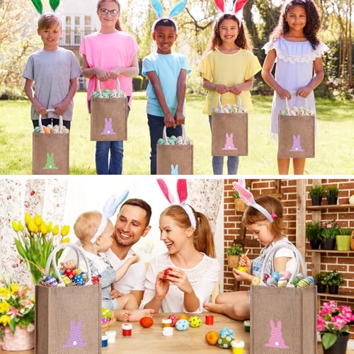 Honeydak 4 Pcs Easter Baskets for Kids Bunny Burlap Easter Tote Gift Bags with Handle Jute Stripe Rabbit Gift Bags for Kids Egg Hunt Game Spring Party Supplies - style: Polka Dot Bunny