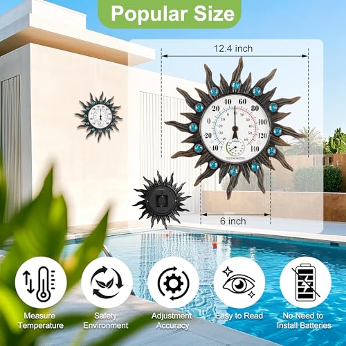 Outdoor Thermometer with Hygrometer, 12.4" Retro Sun Wall-Mounted Decor | Outdoor Waterproof Decor for Patio, Garden, Yard, Balcony, Garage, Indoor Room, Large Easy to Read No Batteries Required