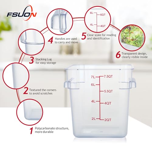 4 Pack 8 Qt Square Polycarbonate Food Storage Containers with Lids | Clear BPA-free PC with lids, side handles, measurement scale and stackable design; for food prep, storage and freezer use. - color: 8Qt