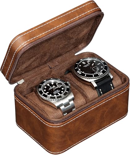 ROTHWELL 2 Watch Travel Case for Men | Compact PU Leather Protective Box with Microsuede Interior | Fits Watches & Smartwatches Up to 55mm (Tan/Brown) - color: Tan / Brown