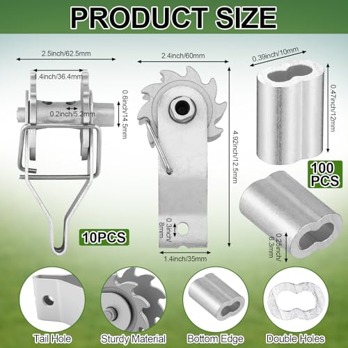 110 Pcs Electric Fence Wire Strainer Kit 10 Heavy Duty Inline Wire Ratchet Tensioner and 100 1/8" Aluminum Crimping Loop Sleeves for Electric Fence Farm Outdoor Garden Yards