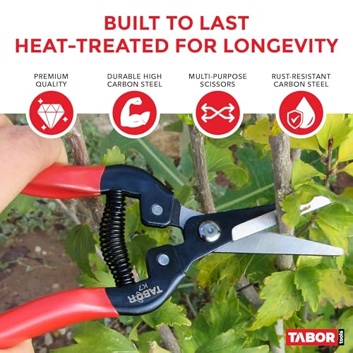 TABOR TOOLS K7A Pruning Snips – 7,5" – Carbon Steel Flower Pruning Scissors for Gardening | Floral Snips and Pruners for Deadheading, Trimming & Harvesting Herbs, Flowers, Fruits or Vegetables - style: K7A Pruning Shears