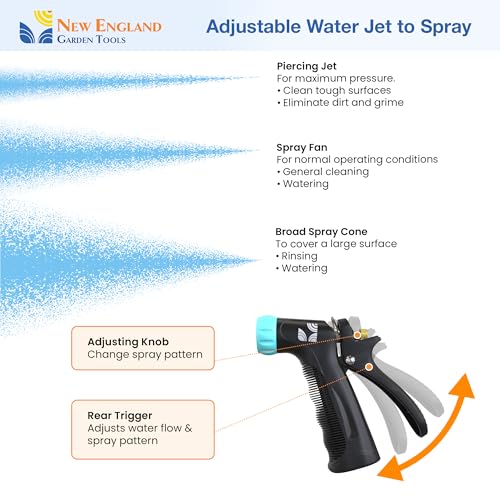 Industrial Hot/Cold Water Jet Hose Nozzle 500012 with Threaded Tip, Rear Trigger and Comfort Grip by New England Garden Tools for Cleaning Kitchens & Work Sites, Watering Plants & Yards, Washing Cars