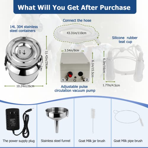 2026 Upgrade 14L Goat Milking Machine, Continuously Adjustable Suction Pulsation Vacuum Electric Milker, Portable Livstock Milking Machine with Stainless Bucket(US Plug)(14L Goat) - size: 14L Adjustable Sheep Milking Machine
