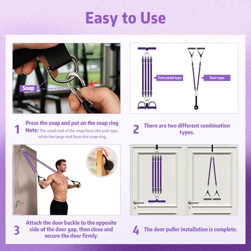 Pedal Resistance Band with Handle, Aturien Adjustable Powerful 4-Tube Elastic Bands for Exercise, Multifunctional Foot Pedal Puller, Home Workout Equipment for Legs Arms Abs - color: Light Purple