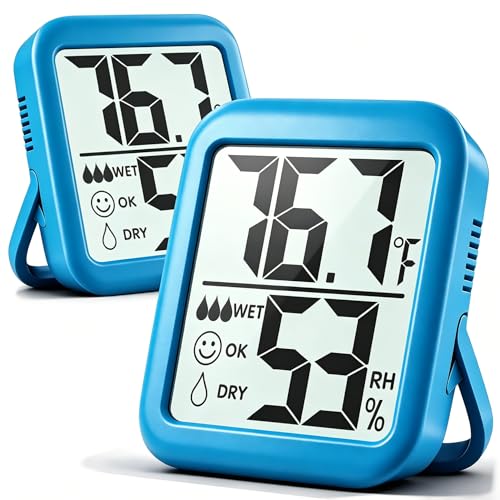 Antonki 2 Pack Room Thermometer Indoor Hygrometer | Monitor Temperature & Humidity, Accurate, Fast Read, Easy To View, Magnetic/Kickstand/Hanging, ℉/℃, w/ Battery, Compact - color: 2 Pcs* Clear Blue