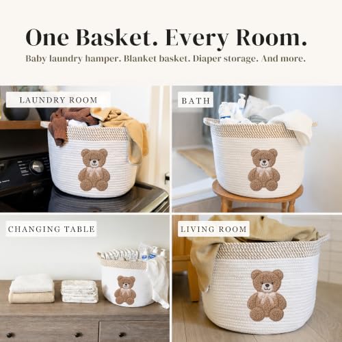 Teddy Bear Baby Storage Basket, Woven Cotton Rope Nursery Bin, 15x11 in | Stuffed Animal and Blanket Storage, Embroidered Bear Patch, Gender Neutral Nursery Decor, Shower Gift, Playroom Organizer - color: Neutral Teddy