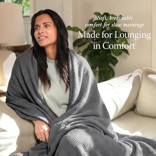 Threadmill Luxury 100% Cotton Queen Herringbone Blanket, Dark Grey | All-Season Thermal Blanket, Soft & Breathable, Cozy Moisture-Wicking, OEKO-TEX Certified, Machine Washable, 90x92 in - color: Dark Grey, size: Queen (90" x 92")