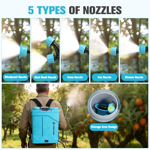 ONEVAN Battery Powered Backpack Sprayer 5.3 Gallon with 2X3.0A Batteries | 0-100 PSI Adjustable Pressure, Up to 41" Extends Telescopic, Sprayer up to 20 Tank, 5 Nozzles, Build-In Mixing System