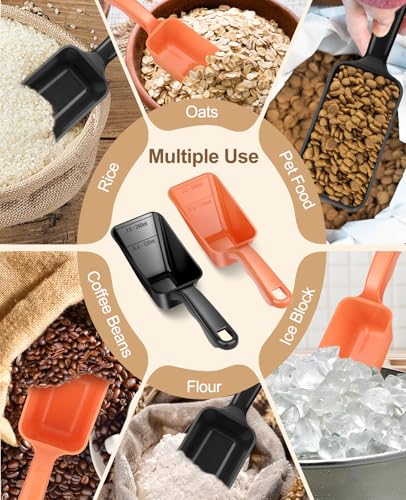 2-Pack Dog Food Scoop 1 Cup, Plastic Pet Food Measuring Scoop With Measuring Lines (1/2 & 1 Cup Markings) for Dogs, Cats, Fish, Bird（Black and Orange) - color: Black and Orange