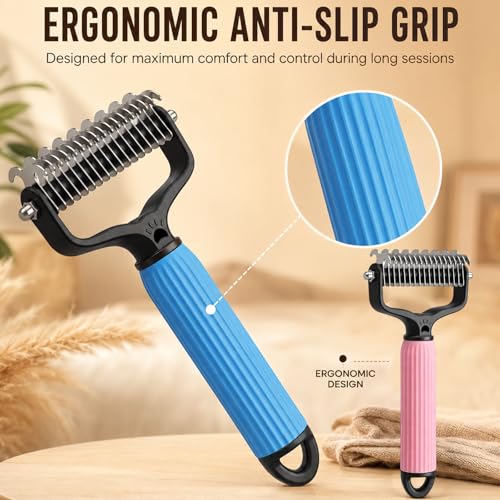 Pet Grooming Brush, Double-Sided Deshedding Dematting Tool for Dogs & Cats, Detangling Tool For Matted Fur, Ideal For Medium Or Long Haired Breeds (Blue) - color: Blue