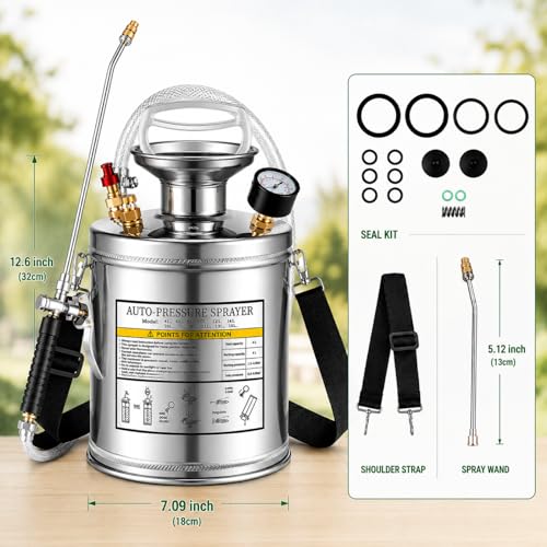 1Gal Stainless Steel Pump Up Sprayer Reinforced Hose, Hand Pump Sprayer with Pressure Gauge&Safety Valve, Adjustable Nozzle Suitable for Gardening (1 Gallon) - style: 1 Gal
