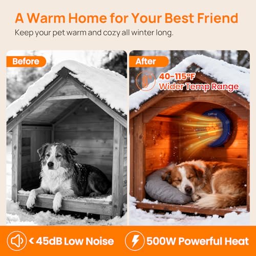 500W Dog House Heater with Thermostat, 24H Timer & Smart 40-115°F Adjustable Pet House Heater, 9.8FT Chew-Proof Cord, Kennel Heaters, Chicken Coop Heaters, Cat & Outdoor Animals