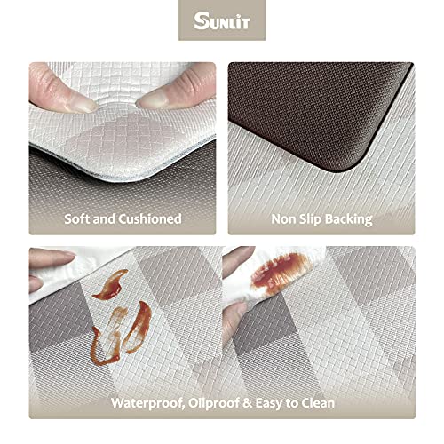 Sunlit Set of 2 Anti Fatigue Kitchen Floor Mat, Non Slip Waterproof Comfort Standing Mat, 0.4Inch Thick Cushioned Farmhouse Kitchen Rug Runner, Buffalo Plaid(Size:17"x28"&17"x47") Light Coffee - color: Light Coffee