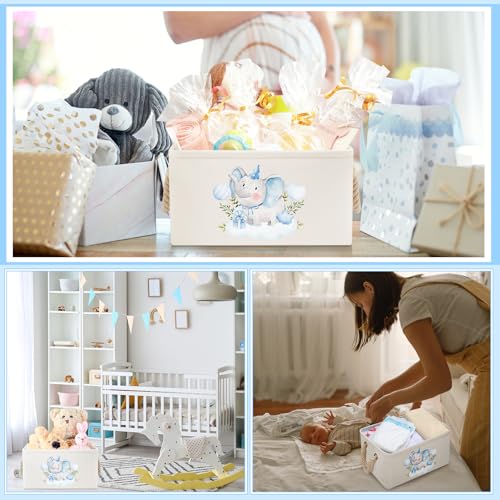 Pickmesh Baby Shower Storage Basket with Gift Bags Rectangular Ribbons Collapsible Canvas Storage Bin with Handles for Diaper Organizing Toy Home DIY Gift Basket, 13 x 9. 1 x 7. 1 Inch(Blue Elephant) - style: Blue Elephant