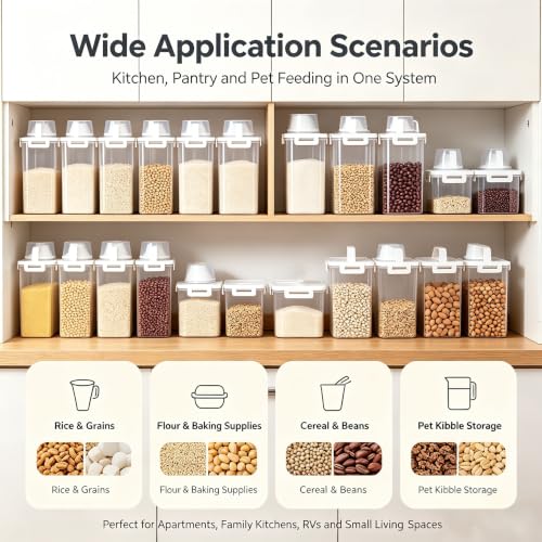 Gagee 4 Pack Airtight Rice Dispenser 3-5 Lb with Measuring Cup,Clear | Cereal Dry Food Flour Bin, Pet Dog Cat Food Dispenser, BPA Free Plastic Kitchen and Pantry Organization Bin for Sugar - color: 4Pcs Clear