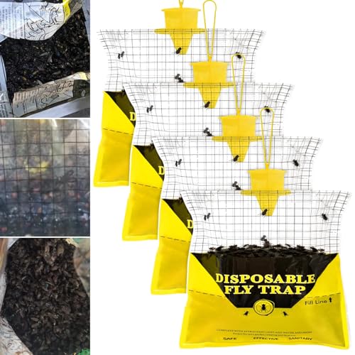 4 Pack Outdoor Fly Trap Bags Hanging - 4 * 30g Bait, Durable, Effective | Bug Hunter Catcher Killer Repellent for Stable Horse Barn & Farm | Disposable | Easy to use | Large Capacity - size: 4 pack