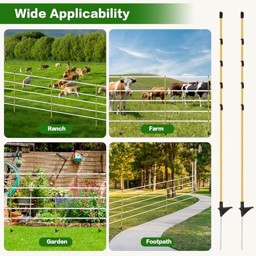 24Pcs 48in Fiberglass Step-in Electric Fence Posts | Clips height adjustable for poly tape/rope. No-tool step-in. Fiberglass core bends back