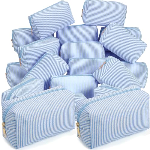 Sanwuta 20 Pcs Seersucker Cosmetic Bags Bulk, Striped Zippered,Light Blue | Makeup Bags Women Pouch, Large Preppy Storage Toiletry Travel Pouch for Wedding Bridesmaid Bride Favor Back to Teacher Gift - color: Light Blue