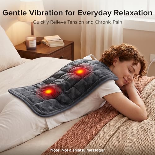 Weighted Heating Pad with Massaging Vibrations, FSA Vibrating Heating Pad | FSA Eligible HSA,12" x 24" XL Heating Pad, 6 Heat Settings & 4 Massage Modes, Heating Pad with Massager for Back & Shoulders - color: Light Black, size: X-Large 12" x 24"
