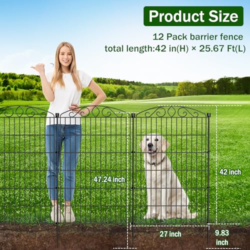 12 Panel No Dig Decorative Garden Fence with Gate 42" H x 25.67'L for Dogs | Rustproof welded metal with deep stakes for outdoor yards and patios. Arched modular design contains rabbits, small animals. - size: 42 in(H)