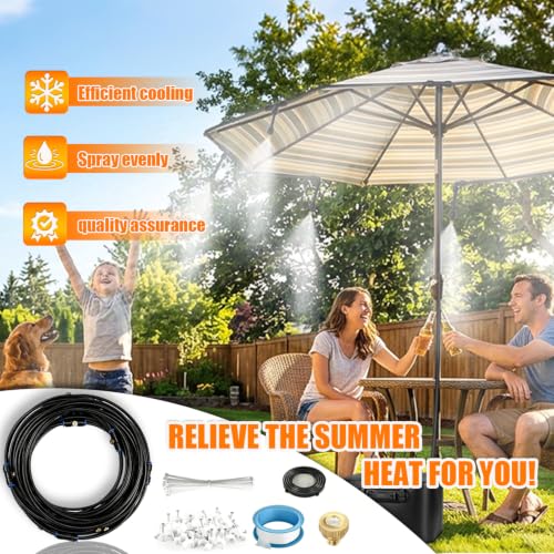 30FT(9M) Misters for Outside Patio | 8 Brass Nozzles and 3/4" Brass Adapter, misting cooling system for Backyard, Garden Greenhouse, Trampoline Sprinkler