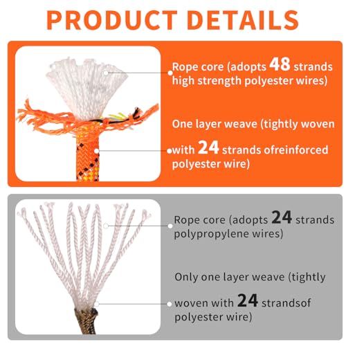 Arborist Rigging Rope - 1/2" x 200ft 48 Strand Braid Bull Rope (9,000 lbs MBS) for Tree Removal, Limb Lowering - Static Line Hoisting Utility Rope (Orange) - size: 1/2in*200ft