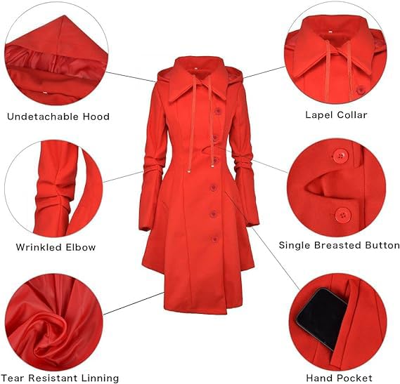 Long Trench Pea Coat for Women - Winter Trench Coat Goth Lapel Peacoat Outwear Thick Hood Pea Jacket Trenchcoat - color: A- Red, size: XX-Large