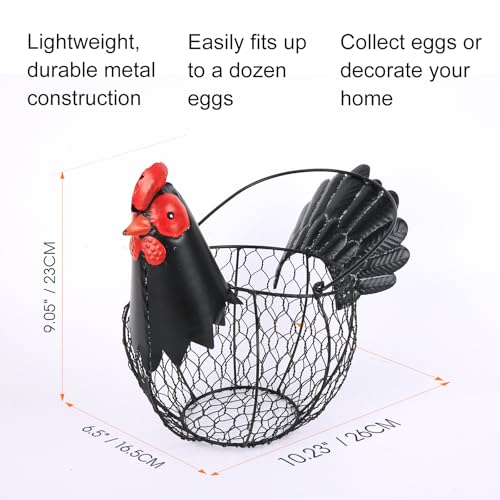 Chicken Egg Collecting Basket,Metal Wire Eggs Holder Bowl with Handle | Farmhouse Chicken Decor,Rustic Black Rooster Chicken Shaped Fruit Countertop for Home Kitchen Decoration - color: Rustic Black