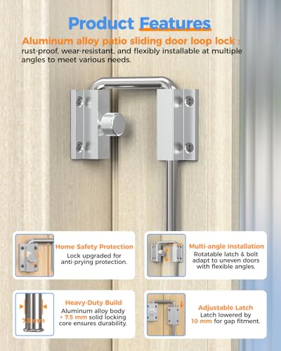Updated U Patio Sliding Door Loop Lock Latch, Silver | 90/180 Degree Aluminum Alloy Home Security Loop Bolt Lock for Barn Door,Window, Fence, Shed and Gate Latch - Rotary Locking - color: Silver-1 PC