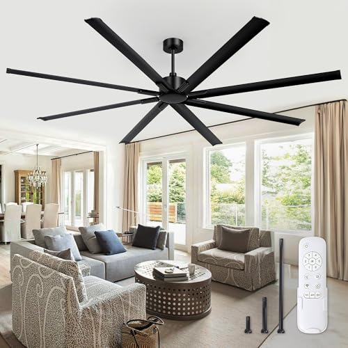 ZMISHIBO 96 Inch Industrial Ceiling Fan without Light, 8 Aluminum Blades | DC Motor, Damp Rated, 6 Speeds, Remote Control, 3 Downrods, Flat/Sloped Ceiling, Commercial, Farmhouse, Garage, Warehouse - color: Black, size: 96inch