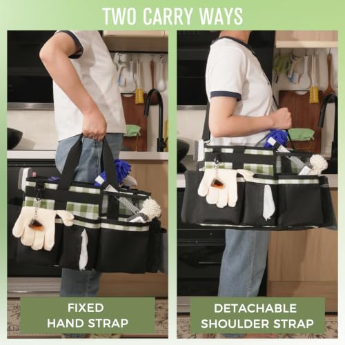 SCAVATA Wearable Cleaning Caddy, Cleaning Caddy Supplies Organizer with Handle & Shoulder Straps for Housekeepers, Under Sink & Car Cleaning Tool Organizers Bag with 4 Foldable Divider (GreenPlaid) - color: GreenPlaid