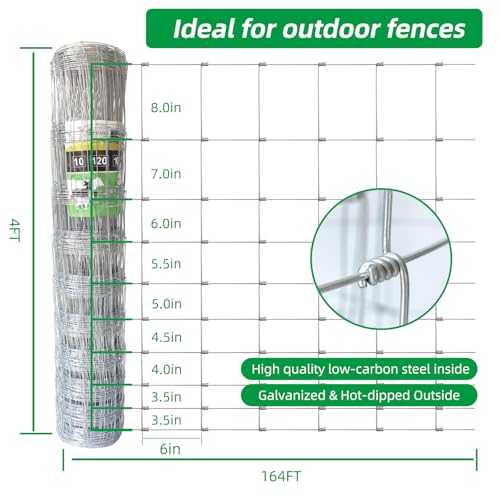 Livestock Fence, 4ft X 164ft Galvanized Wire Field Wire Fencing, Cattle Fence, Deer Fence, Heavy Zinc Coating Farm Fence Used to Hog Goat Fencing for Yard and Field Hog Horse