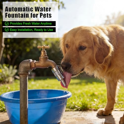 Qinyoung 1 Pack Dog Waterer Faucet, 3/4" Hose Spigot Attachment Outdoor | Lick-activated Fountain Design, Anti-leak Tape Included, For Dogs Livestock Pets, Metal Construction, Outdoor Yard Use