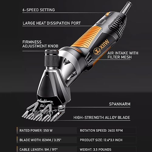 XIIW Sheep Shears 550W, Professional Electric Sheep Clippers, 6 Speeds | Farm Livestock Grooming Kit with 2 Sets of Blades, Heavy Duty Sheep Trimmer for Goats Cattle Thick Hair Dog Horse Animals - size: 550W Sheep Shears