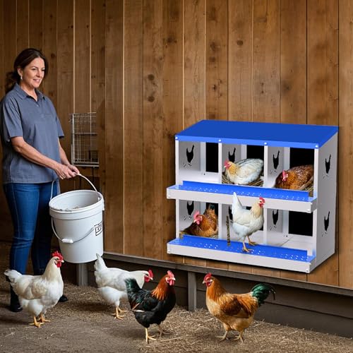 Chicken Nesting Box, 6 Compartment Galvanized Steel Chicken Laying Boxes, Heavy Duty Rustproof Chicken Coop with Easy Egg Collection for Backyard Farms - Wall Mountable, Blue