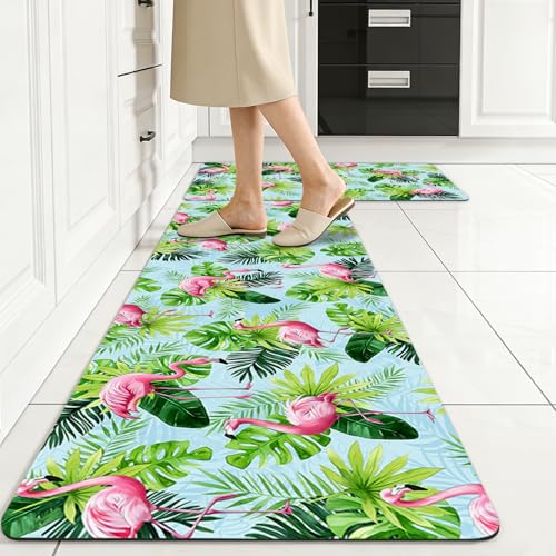 Green Leaves Kitchen Rug Set, 2 Piece Non-Slip Floor Mat with Colorful Daisy Flower Design - color: Green Leaves