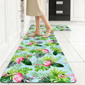 Green Leaves Kitchen Rug Set, 2 Piece Non-Slip Floor Mat with Colorful Daisy Flower Design - color: Green Leaves