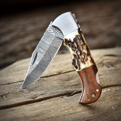 Poshland Steelware Custom Damascus Steel Folding Pocket Knife – Handmade, Compact for Outdoor, Camping, Hiking and Hunting (Brown) - color: Brown