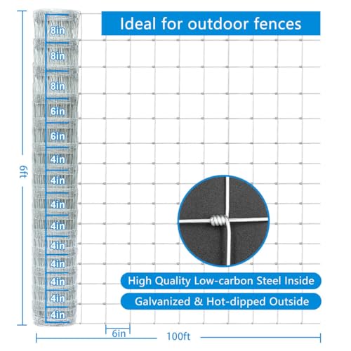 Farm Fence 6ft. x 100ft Galvanized Field Wire Fencing,Heavy Zinc Coating Cattle,Deer,Goat,Hog Wire Fence for Yard Garden & Animals Protection - size: Silver 72inx100ft