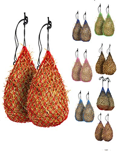 Majestic Ally 2 pcs Slow Feed 42” Hay Net for Horses, Strong Small 2x2” Holes, Nylon Rope Hanging, Adjustable Travel Feeder for Trailer and Stall, Simulates Grazing, Reduce Waste - color: RED