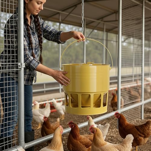 KOL Hanging Chicken Feeder – 20lbs Metal Chicken Feeder No Waste, Adjustable Poultry Feeder with 12 Ports, No Installation & Universal Height Design (Yellow) - color: Yellow