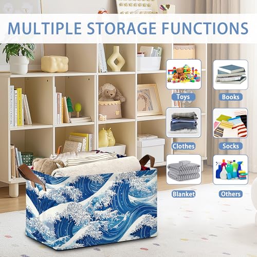 Ocean Wave Storage Baskets,Japanese Foldable Organizer Bin with Handles for Home Living Room Bedroom Closet Box 17x11.5x10Inch - color: Ocean Wave Japanese
