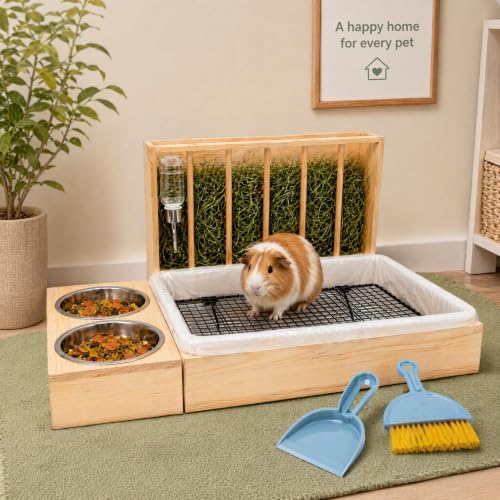 3 in 1 Rabbit Hay Feeder with Litter Box and 2 Bowls, Solid Wood Bunny Feeder with Adjustable Mental Hay Rack, Water Feeder, Cleaning Kit for Rabbits, Guinea Pigs, Chinchillas, Hamsters